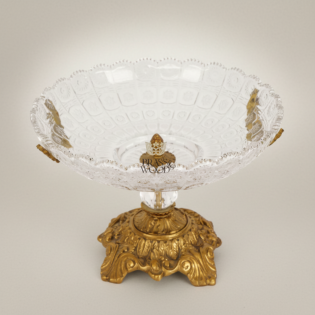 Classical Crystal & Brass Compote Bowl with Ornate Scrolled Base — Antique Gold