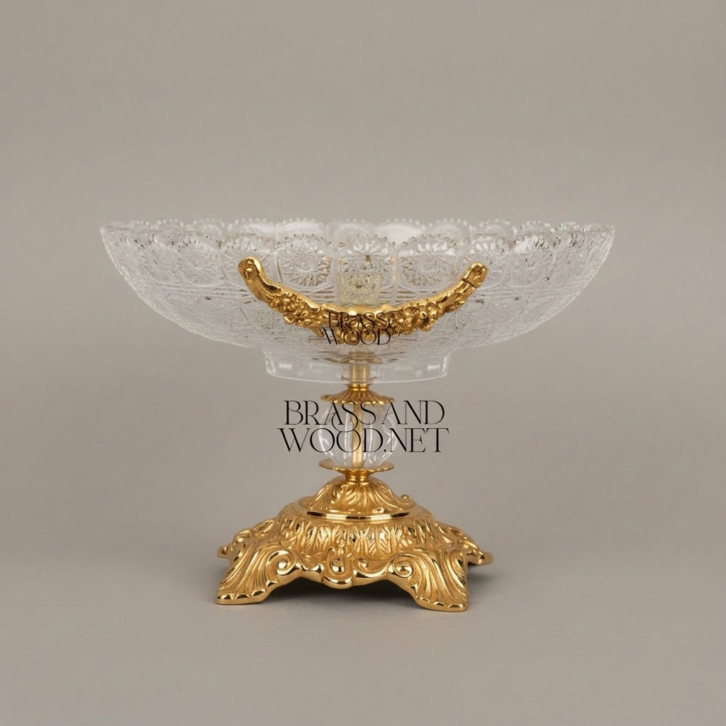 Classical Crystal & Brass Compote Bowl with Ornate Scrolled Base — Gold