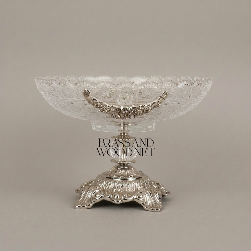 Classical Crystal & Brass Compote Bowl with Ornate Scrolled Base — Silver