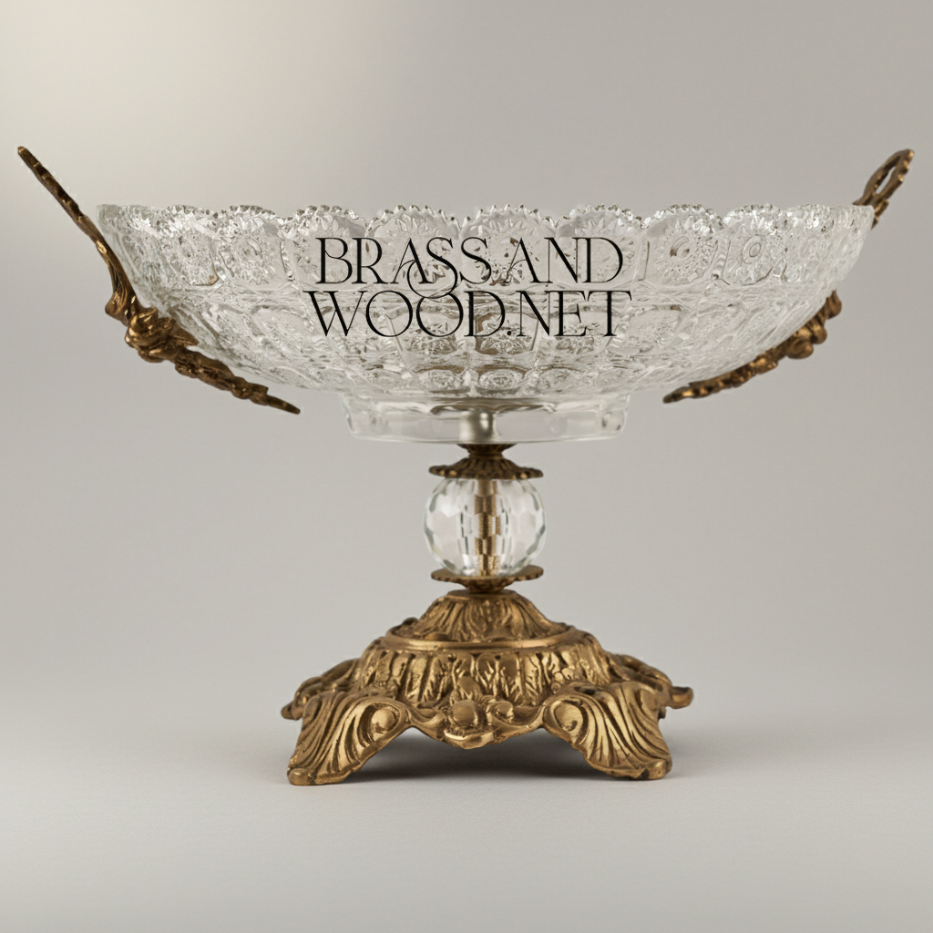 Classical Crystal & Brass Compote Bowl - Ornate Pedestal with Side Handles