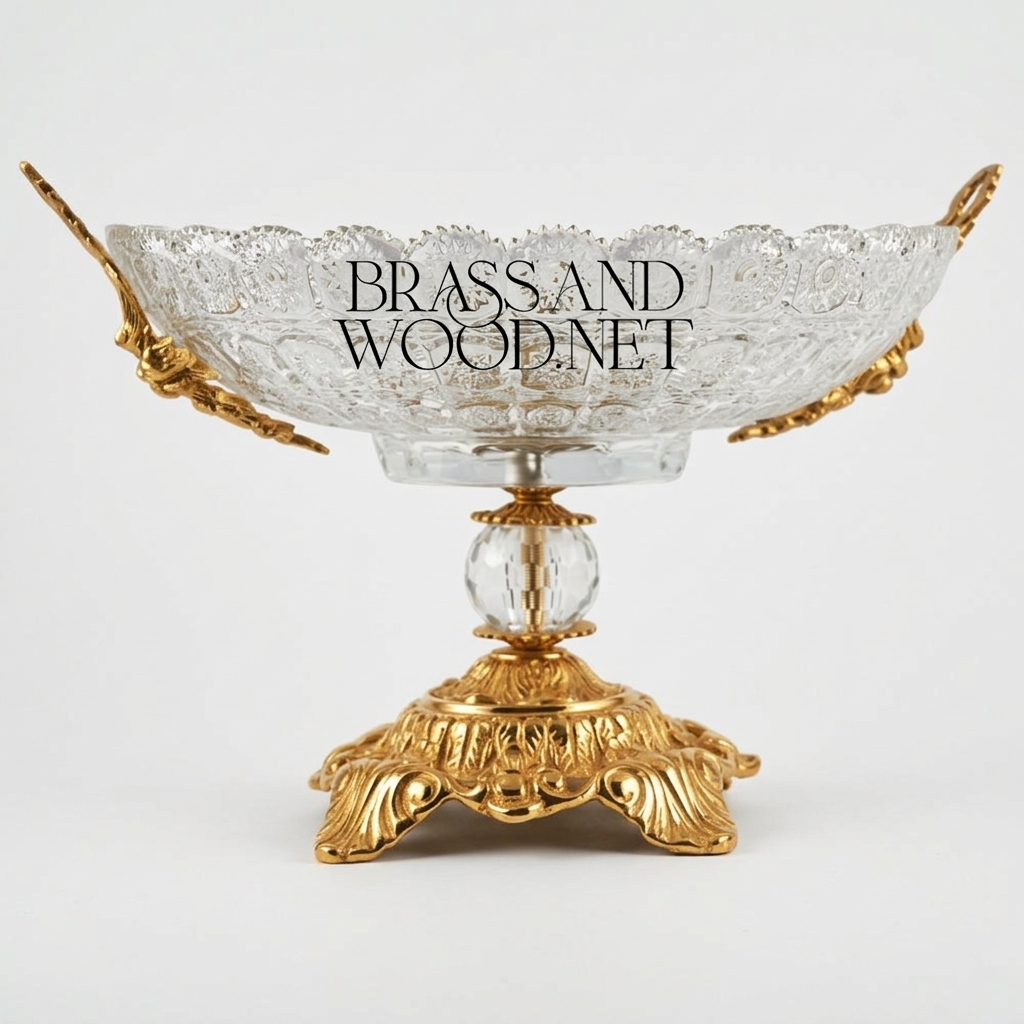 Classical Crystal & Brass Compote Bowl - Ornate Pedestal with Side Handles — Gold