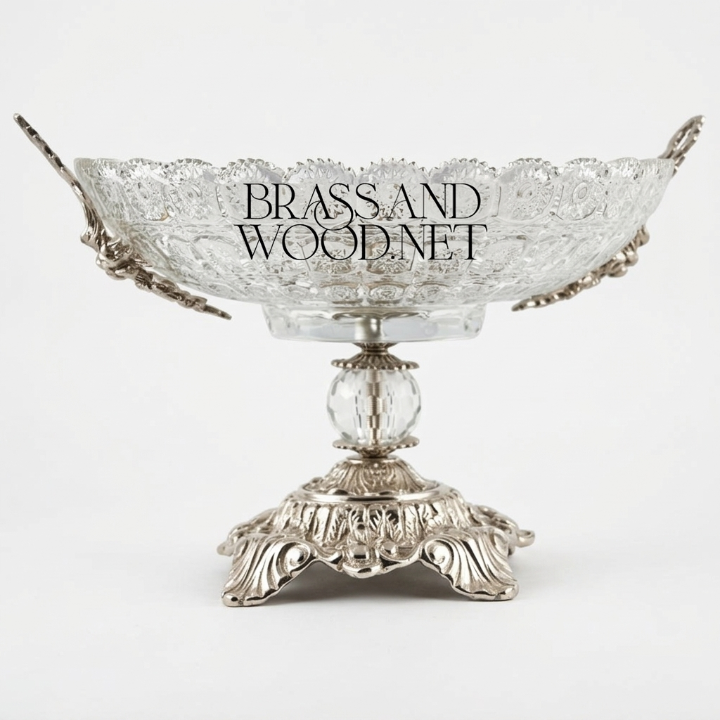 Classical Crystal & Brass Compote Bowl - Ornate Pedestal with Side Handles — Silver