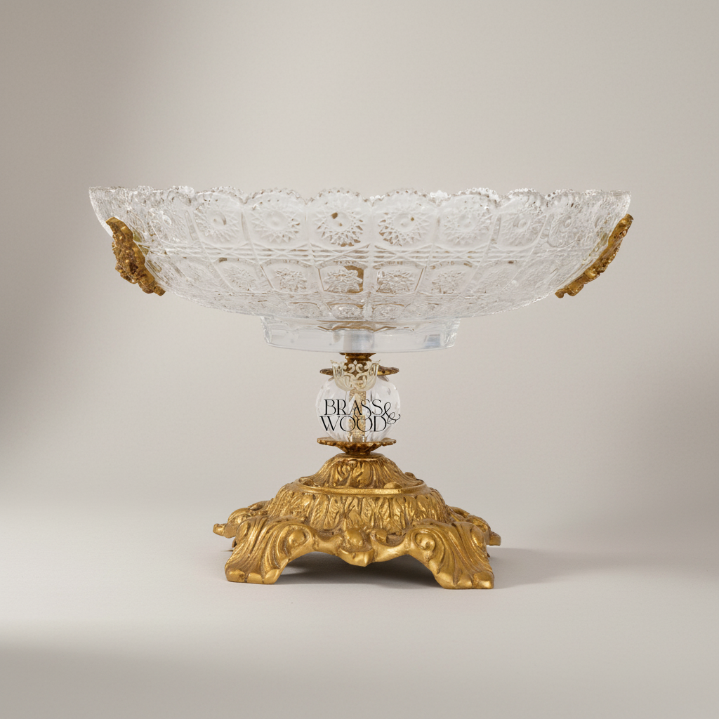 Classical Crystal & Brass Compote Bowl with Ornate Scrolled Base — Antique Gold