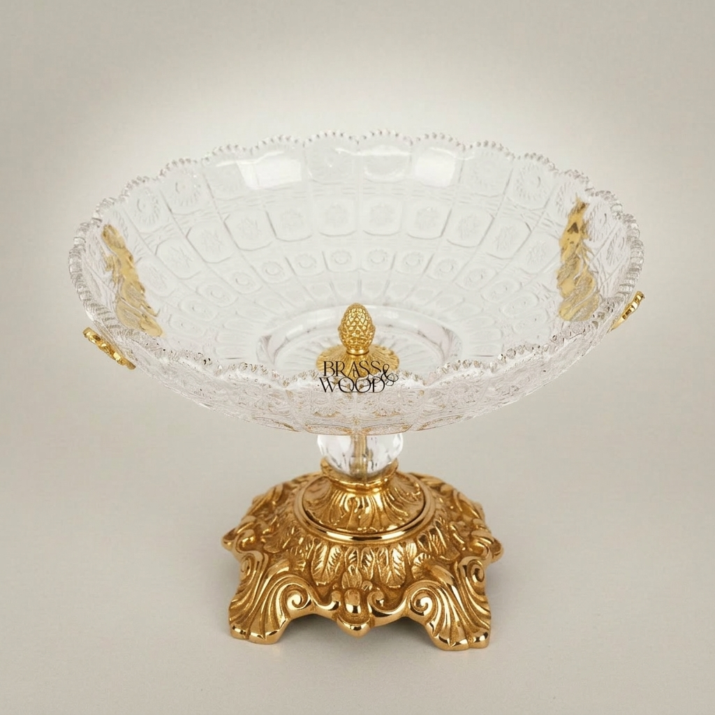 Classical Crystal & Brass Compote Bowl with Ornate Scrolled Base — Gold