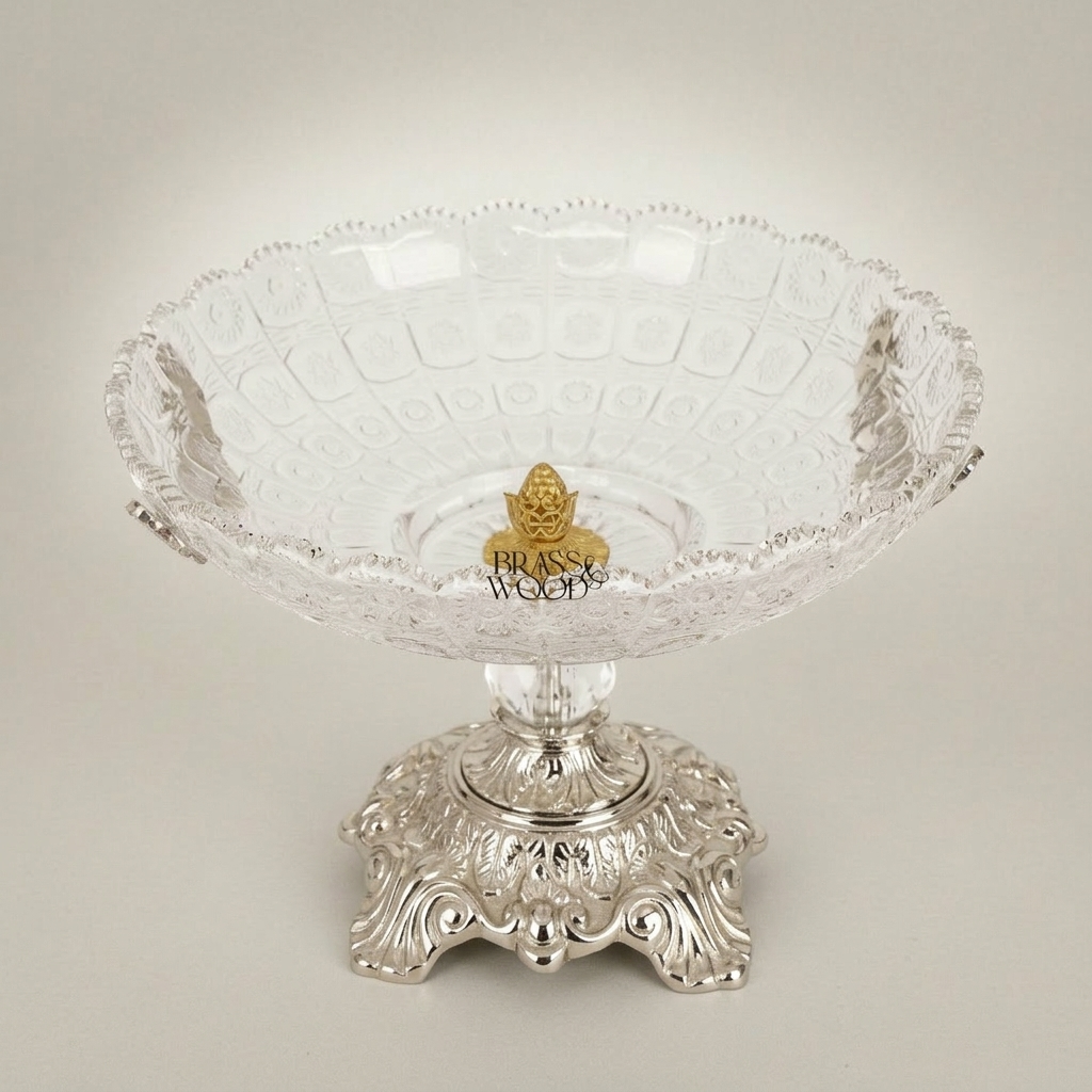 Classical Crystal & Brass Compote Bowl with Ornate Scrolled Base — Silver