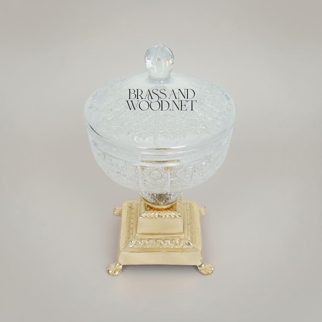 Classical Crystal & Brass Footed Candy Dish - Ornate Lidded Bonbonniere — Gold