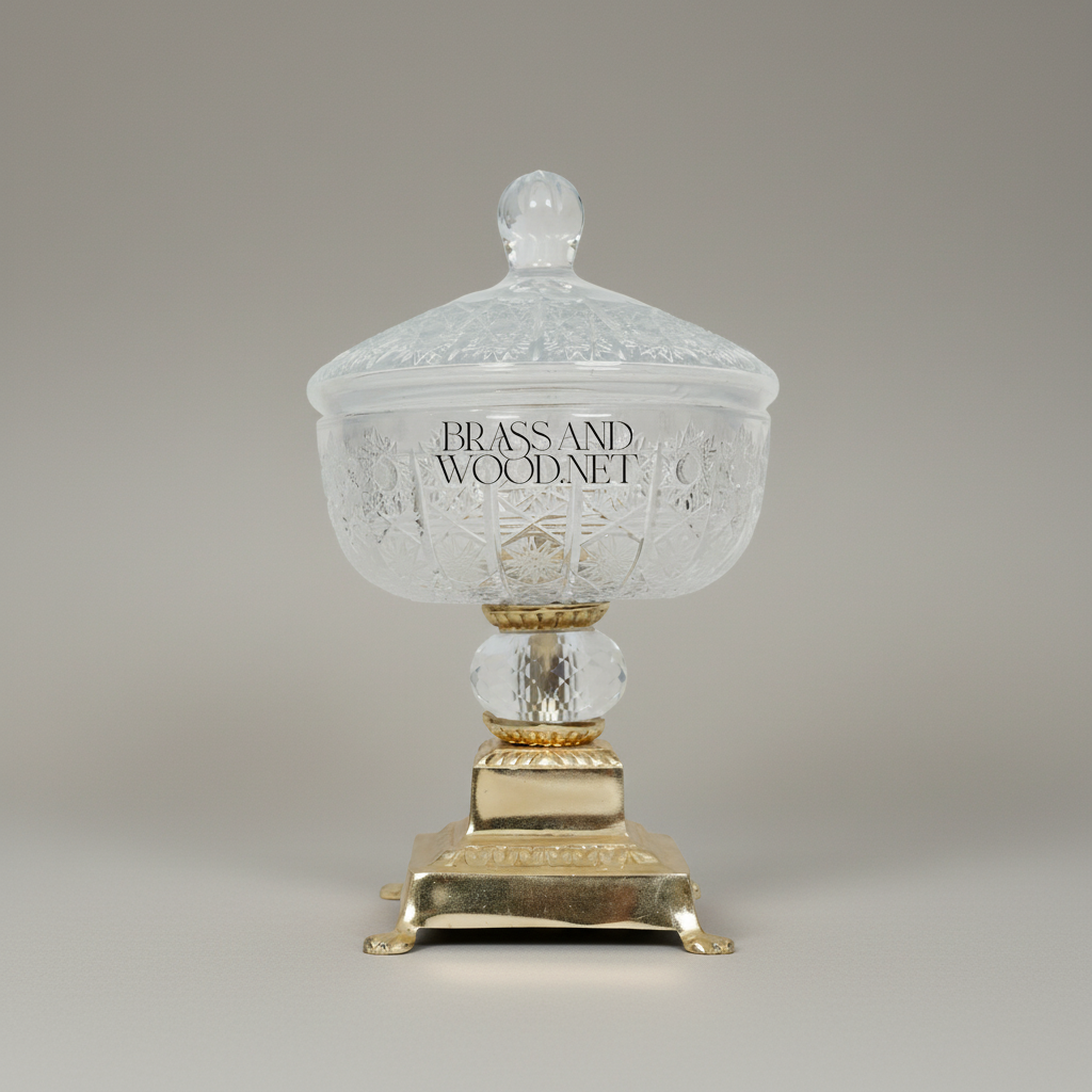 Classical Crystal & Brass Footed Candy Dish - Ornate Lidded Bonbonniere — Gold