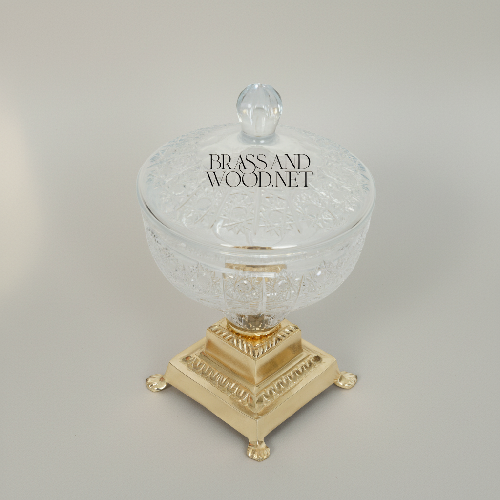 Classical Crystal & Brass Footed Candy Dish - Ornate Lidded Bonbonniere — Gold