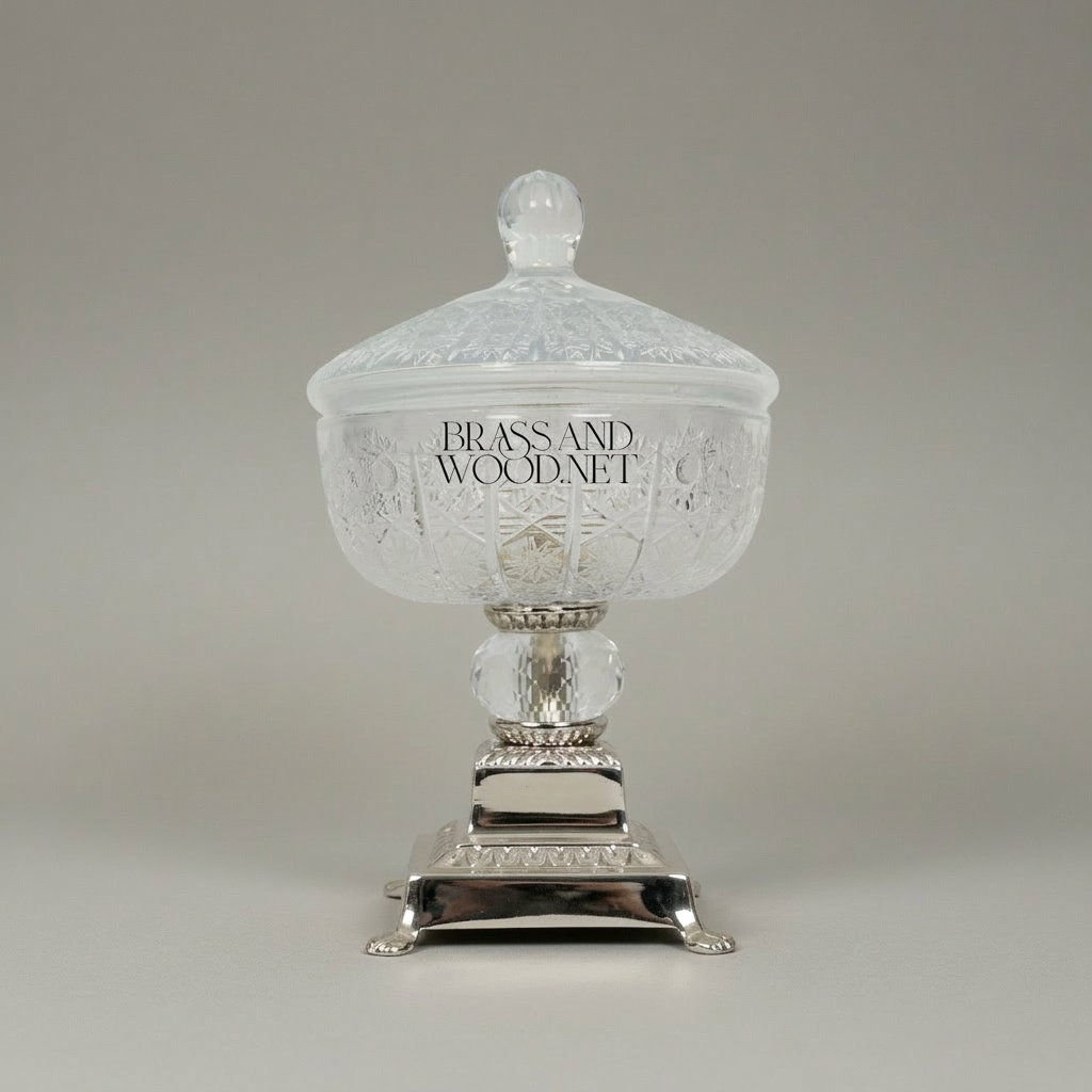 Classical Crystal & Brass Footed Candy Dish - Ornate Lidded Bonbonniere — Silver