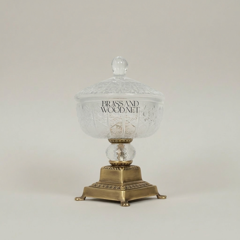 Classical Crystal & Brass Footed Candy Dish - Ornate Lidded Bonbonniere — Antique Gold