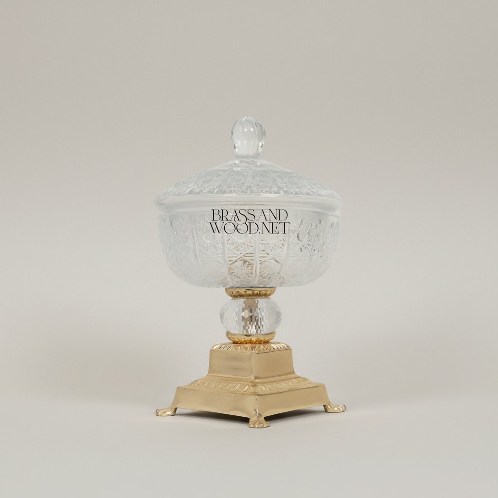 Classical Crystal & Brass Footed Candy Dish - Ornate Lidded Bonbonniere — Gold