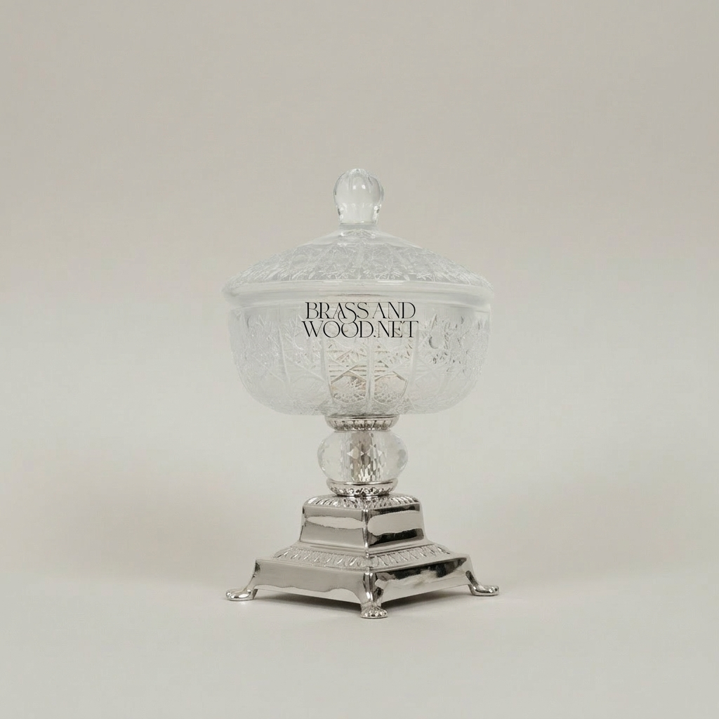 Classical Crystal & Brass Footed Candy Dish - Ornate Lidded Bonbonniere — Silver