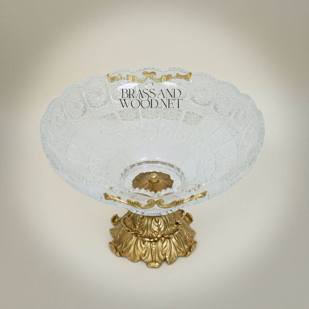 Classical Crystal & Brass Footed Centerpiece Bowl with Ornate Scalloped Rim — Antique Gold