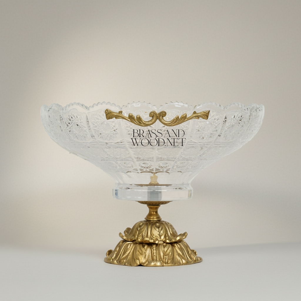 Classical Crystal & Brass Footed Centerpiece Bowl with Ornate Scalloped Rim