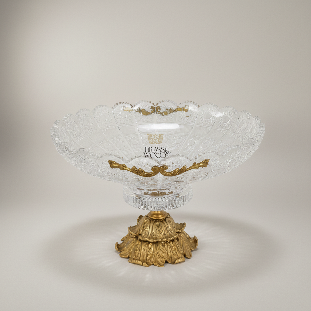 Classical Crystal & Brass Footed Centerpiece Bowl with Ornate Scalloped Rim — Antique Gold