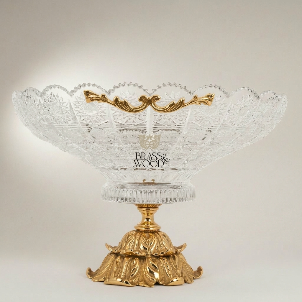 Classical Crystal & Brass Footed Centerpiece Bowl with Ornate Scalloped Rim — Gold