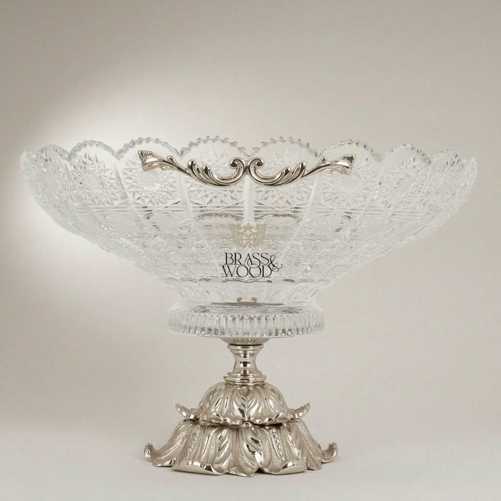 Classical Crystal & Brass Footed Centerpiece Bowl with Ornate Scalloped Rim — Silver