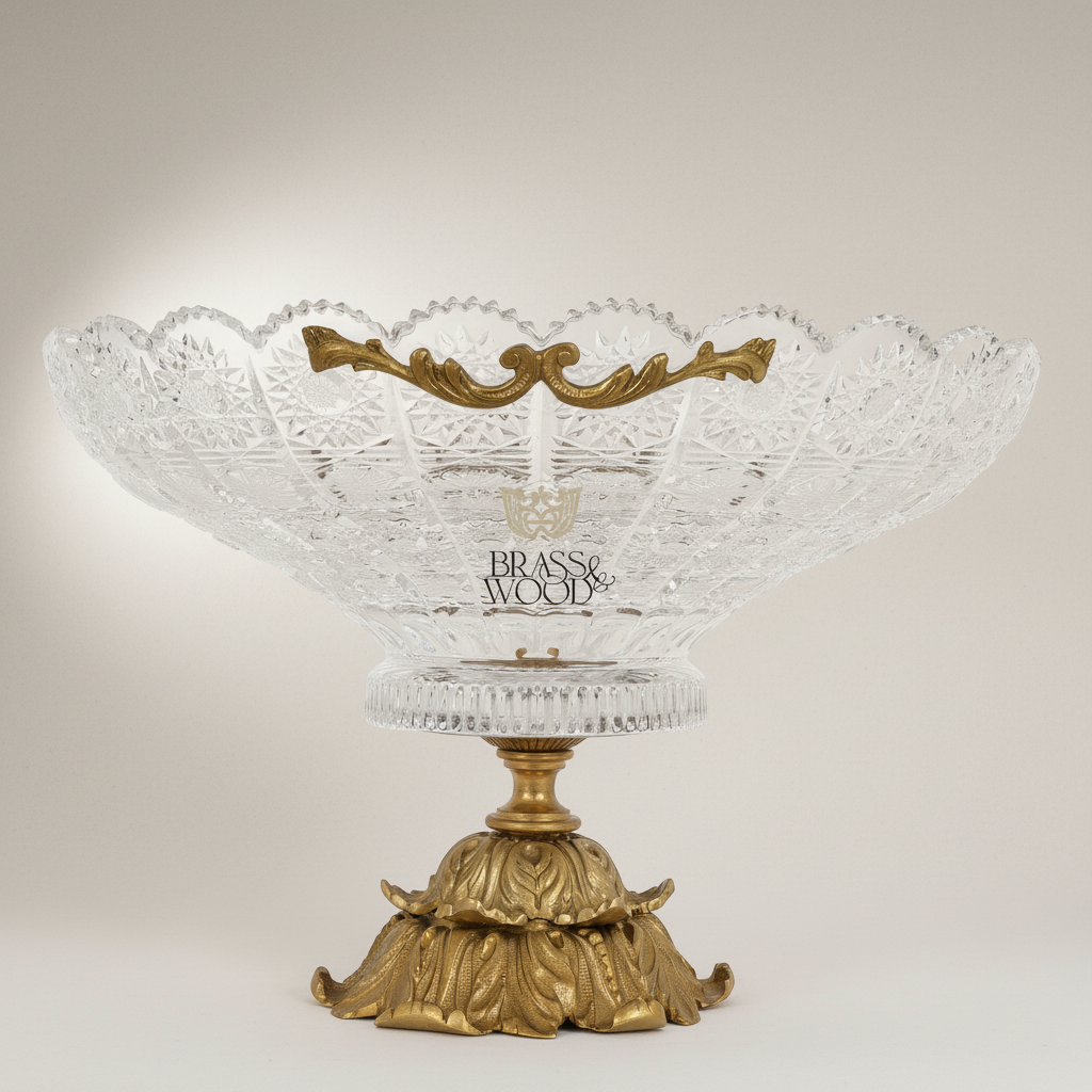 Classical Crystal & Brass Footed Centerpiece Bowl with Ornate Scalloped Rim — Antique Gold