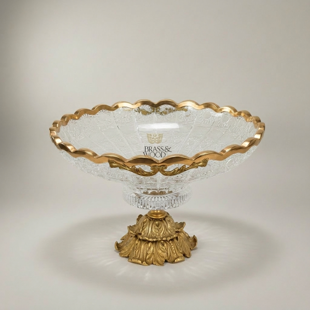 Classical Crystal & Brass Footed Centerpiece Bowl with Ornate Scalloped Rim — Gold