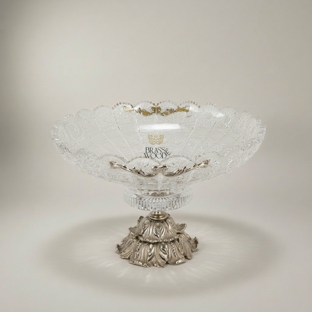 Classical Crystal & Brass Footed Centerpiece Bowl with Ornate Scalloped Rim — Silver