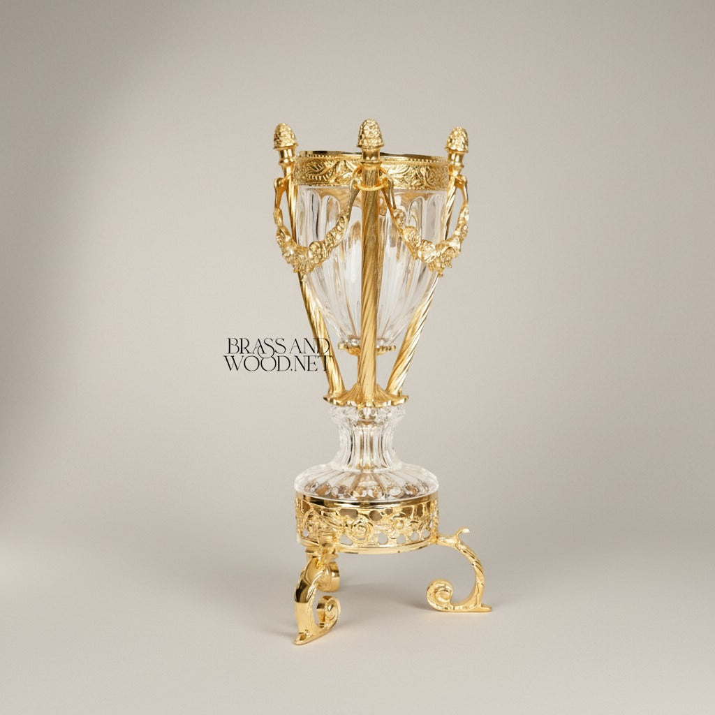 Classical Crystal & Brass Incense Burner - Fluted Urn with Ornate Stand
