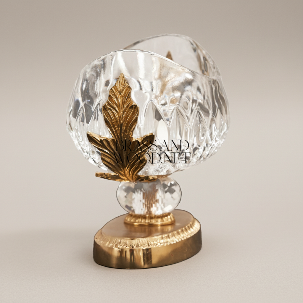 Classical Crystal & Brass Oval Bonbonniere with Acanthus Leaf Pedestal — Gold