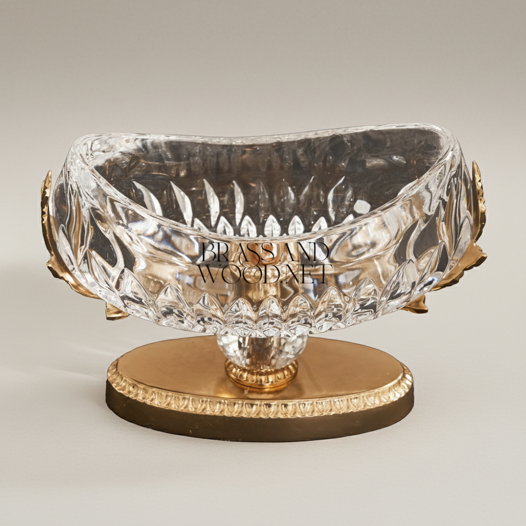 Classical Crystal & Brass Oval Bonbonniere with Acanthus Leaf Pedestal — Gold
