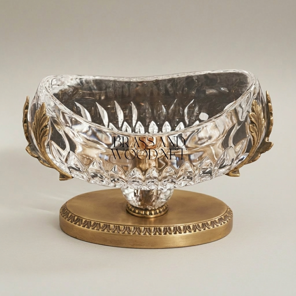 Classical Crystal & Brass Oval Bonbonniere with Acanthus Leaf Pedestal