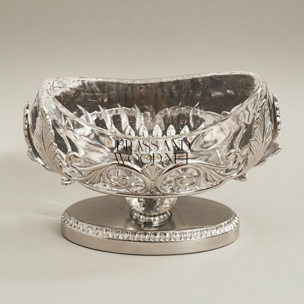 Classical Crystal & Brass Oval Bonbonniere with Acanthus Leaf Pedestal — Silver