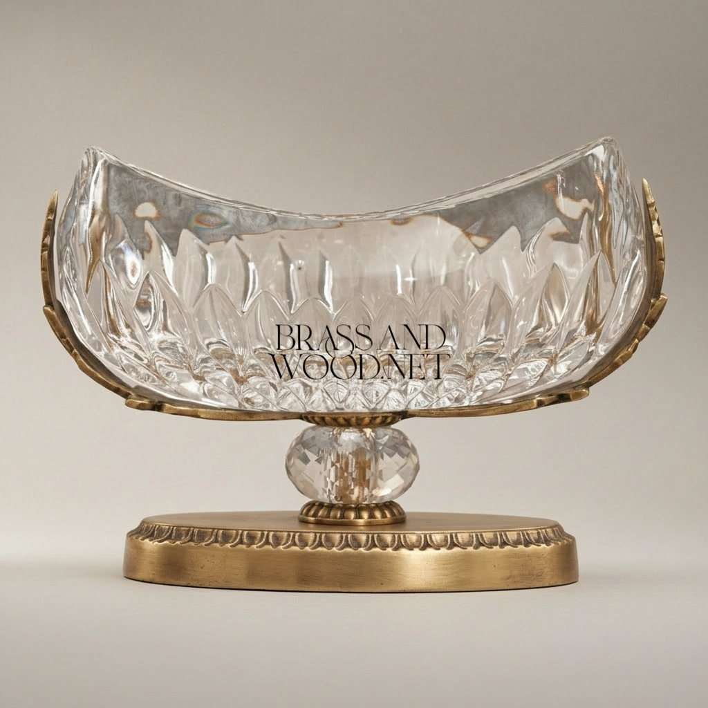 Classical Crystal & Brass Oval Bonbonniere with Acanthus Leaf Pedestal — Antique Gold