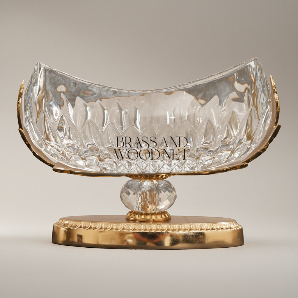 Classical Crystal & Brass Oval Bonbonniere with Acanthus Leaf Pedestal — Gold