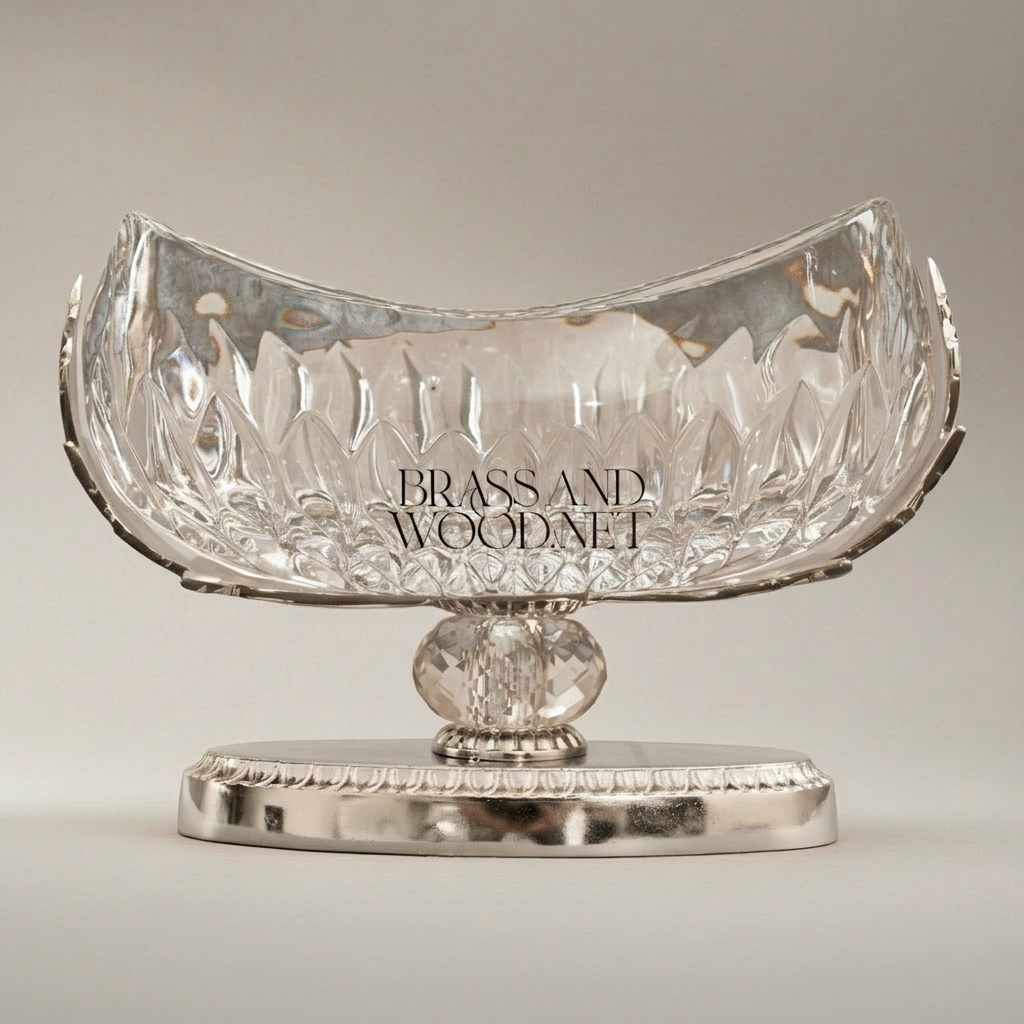Classical Crystal & Brass Oval Bonbonniere with Acanthus Leaf Pedestal — Silver