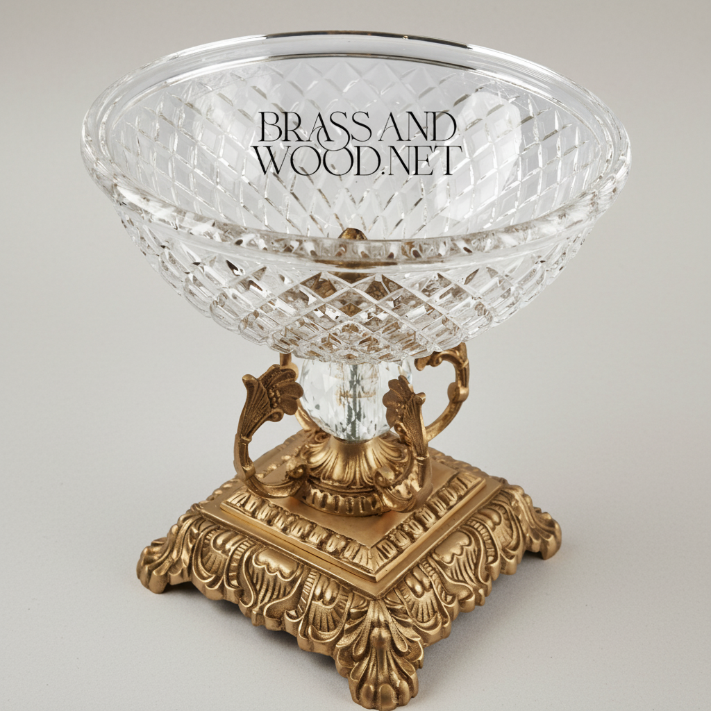 Classical Crystal & Brass Pedestal Candy Bowl - Diamond-Cut Basin with Ornate Scrollwork Stand — Antique Gold