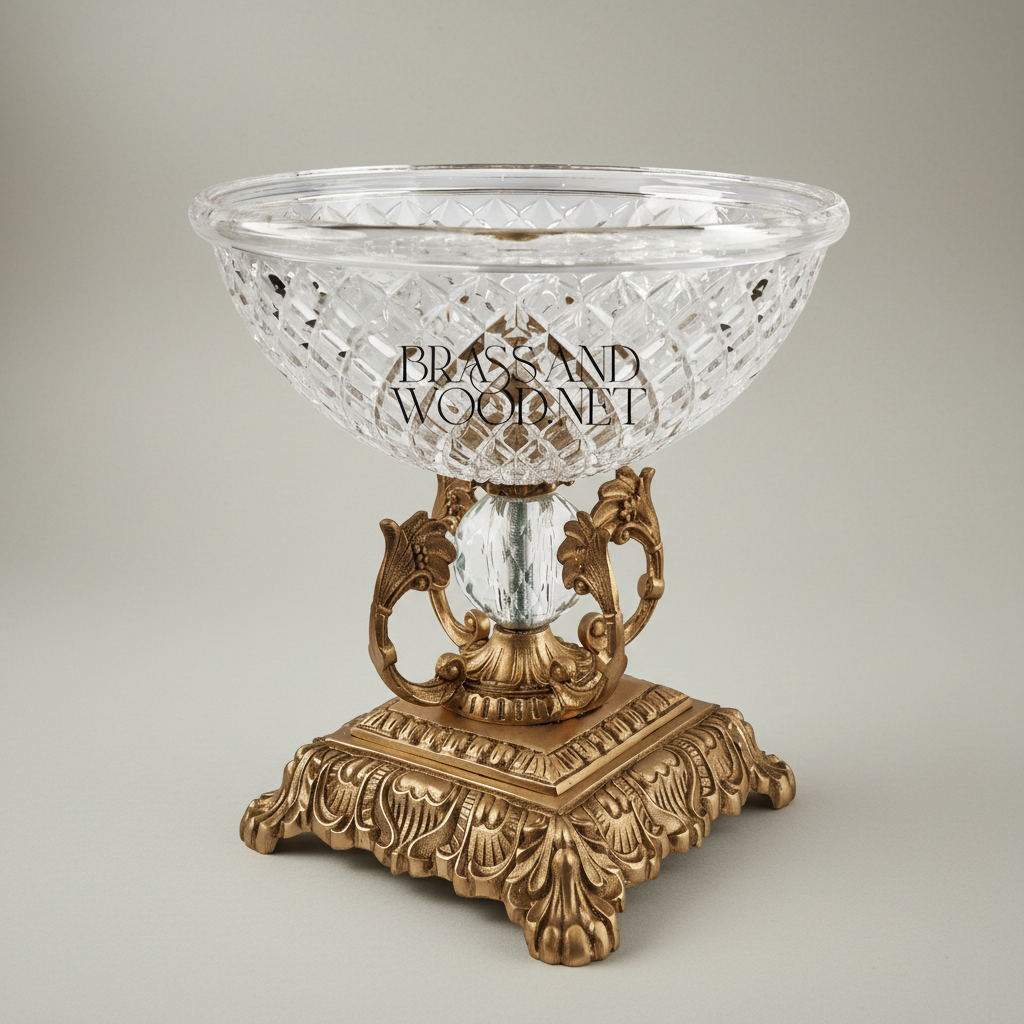 Classical Crystal & Brass Pedestal Candy Bowl - Diamond-Cut Basin with Ornate Scrollwork Stand — Antique Gold