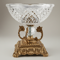 Classical Crystal & Brass Pedestal Candy Bowl - Diamond-Cut Basin with Ornate Scrollwork Stand — Antique Gold