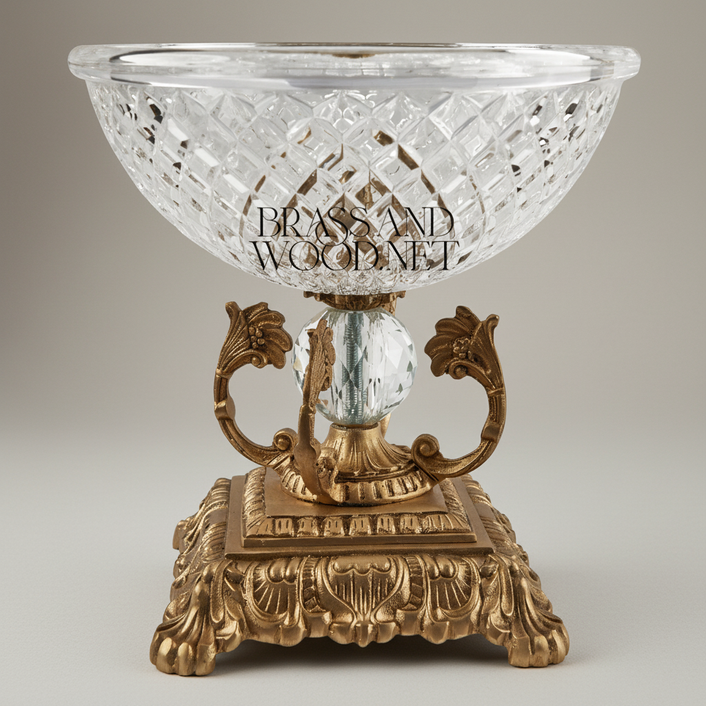 Classical Crystal & Brass Pedestal Candy Bowl - Diamond-Cut Basin with Ornate Scrollwork Stand — Antique Gold