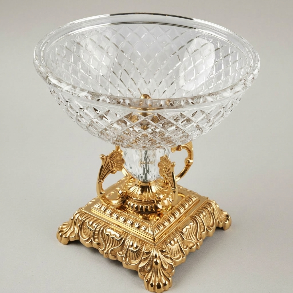 Classical Crystal & Brass Pedestal Candy Bowl - Diamond-Cut Basin with Ornate Scrollwork Stand — Gold