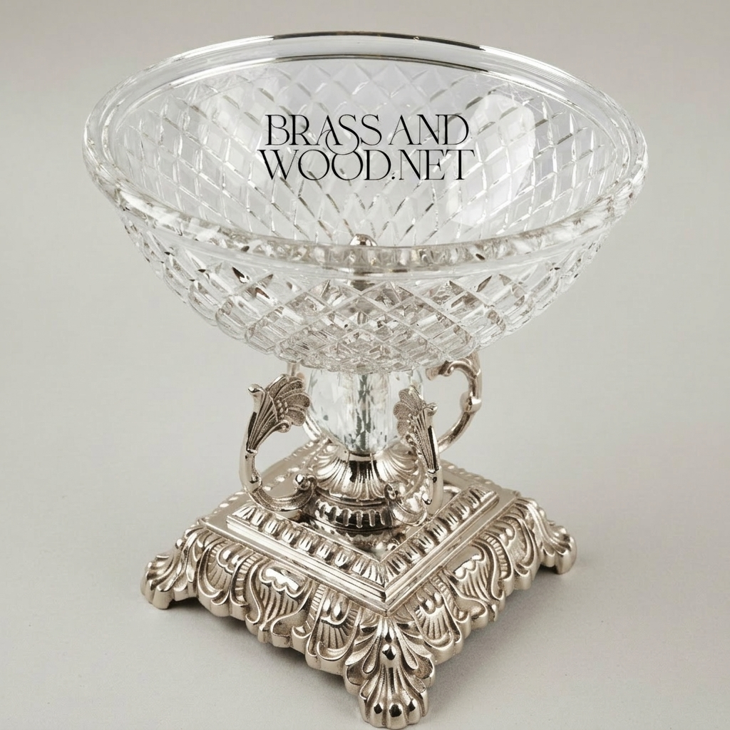 Classical Crystal & Brass Pedestal Candy Bowl - Diamond-Cut Basin with Ornate Scrollwork Stand — Silver