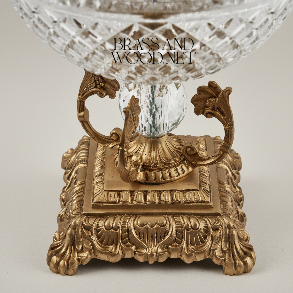 Classical Crystal & Brass Pedestal Candy Bowl - Diamond-Cut Basin with Ornate Scrollwork Stand