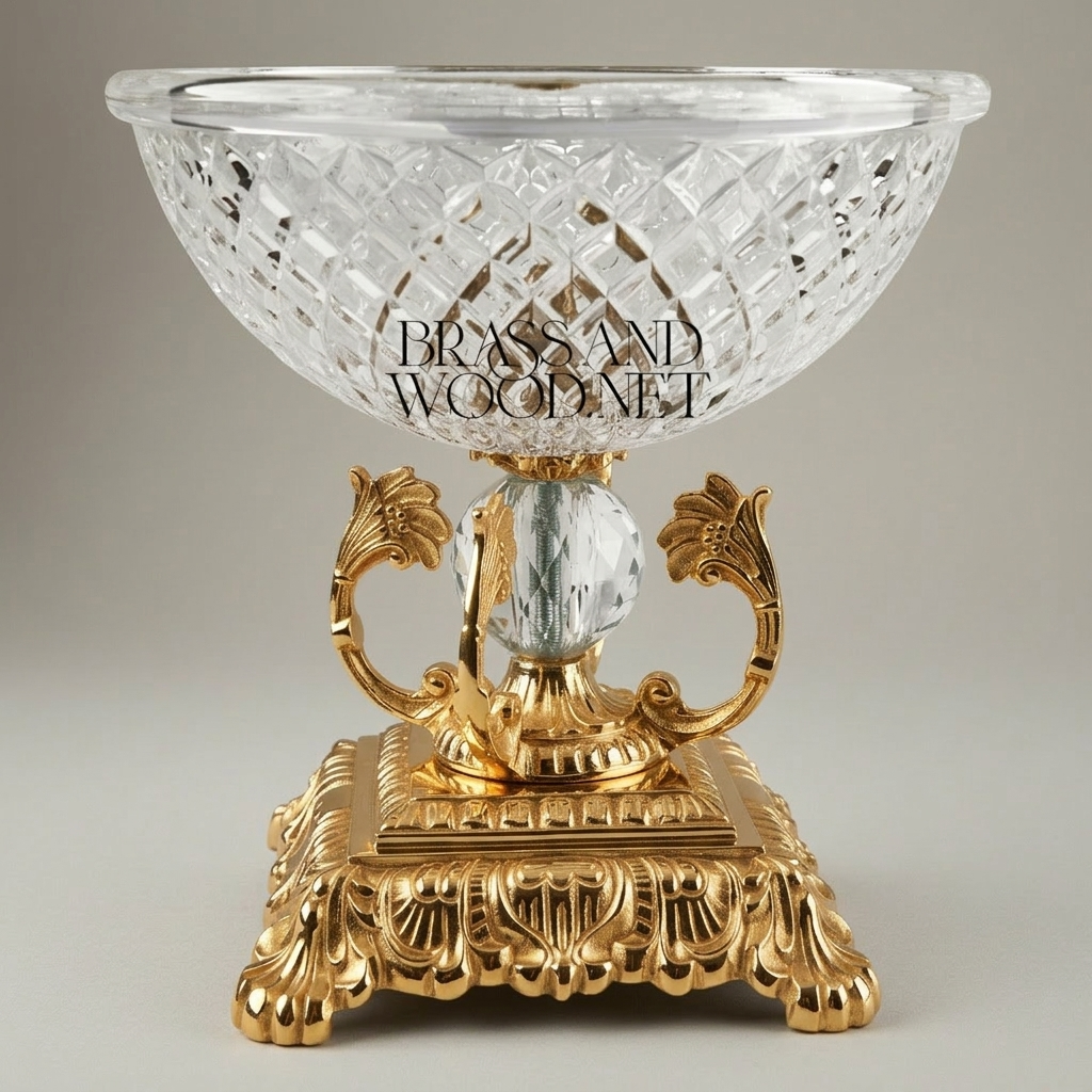 Classical Crystal & Brass Pedestal Candy Bowl - Diamond-Cut Basin with Ornate Scrollwork Stand — Gold
