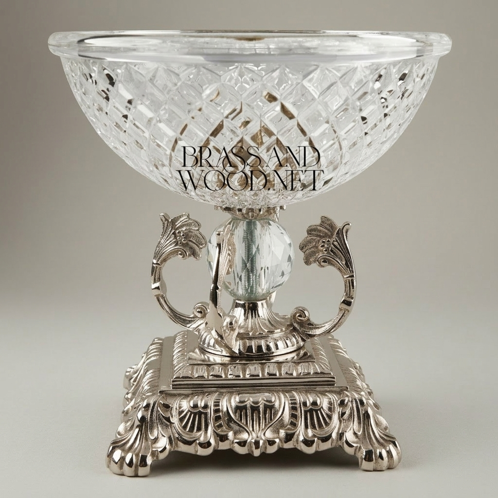 Classical Crystal & Brass Pedestal Candy Bowl - Diamond-Cut Basin with Ornate Scrollwork Stand — Silver