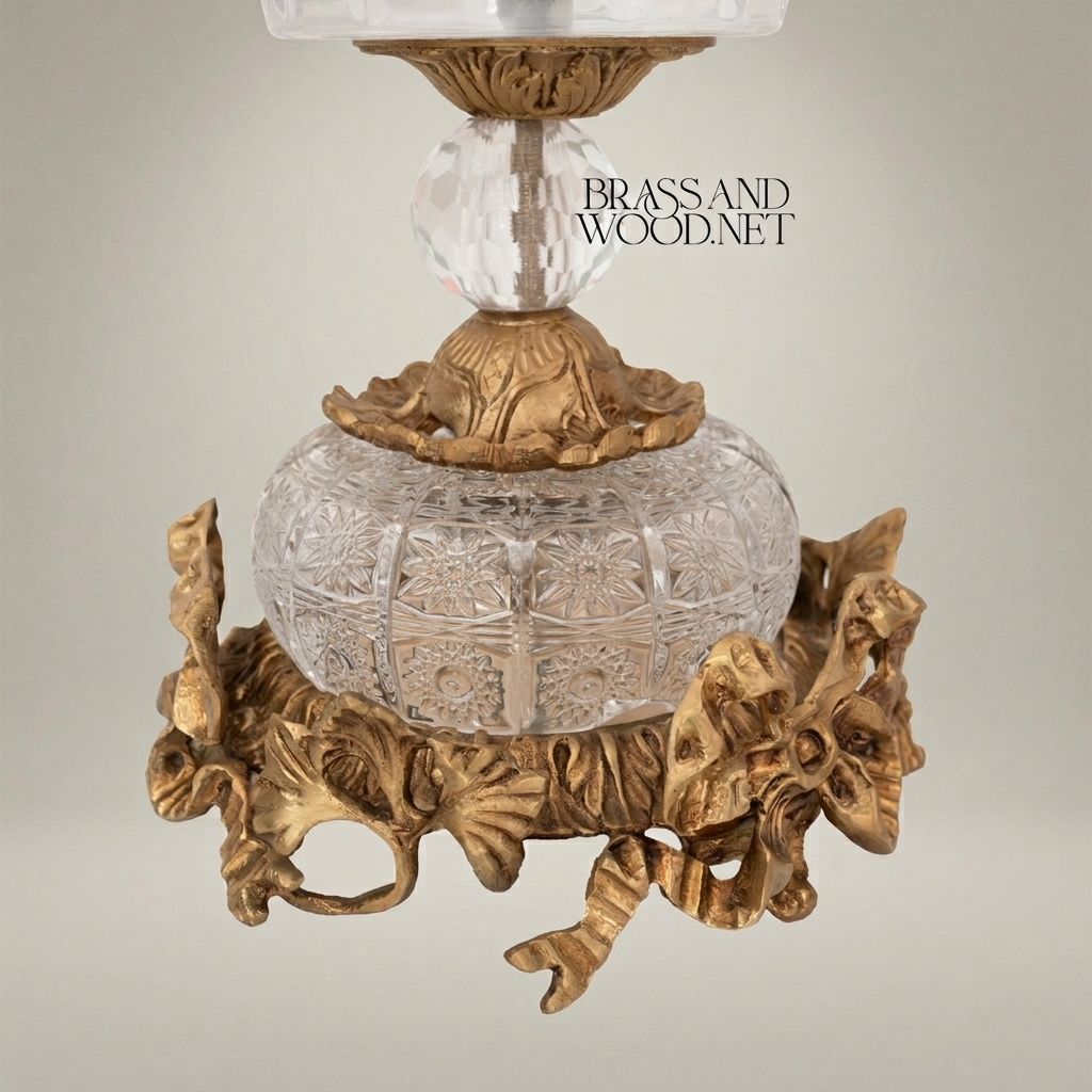 Classical Crystal & Brass Pedestal Candy Dish - Floral Swag & Sphere Base — Antique Gold