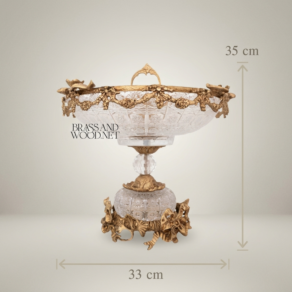 Classical Crystal & Brass Pedestal Candy Dish - Floral Swag & Sphere Base — Antique Gold