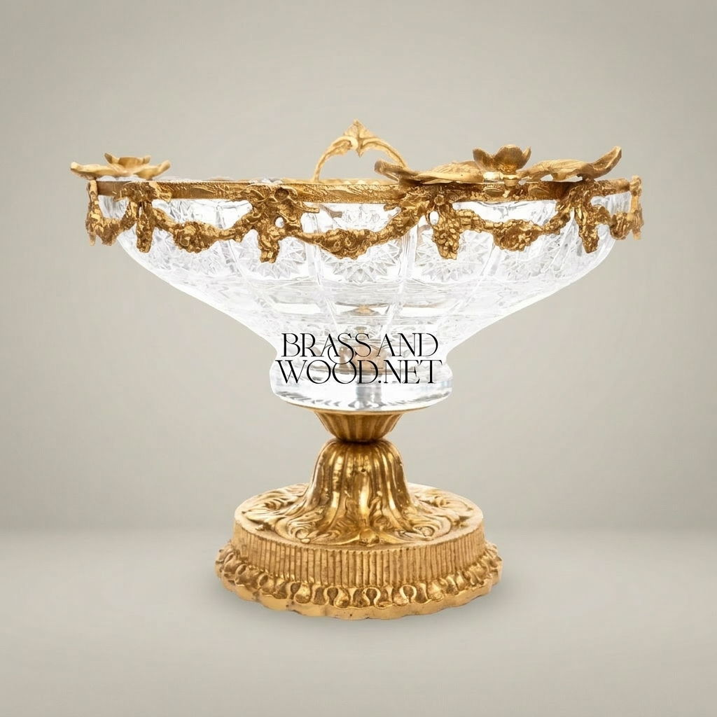 Classical Crystal & Brass Pedestal Candy Dish - Floral Garland Rim