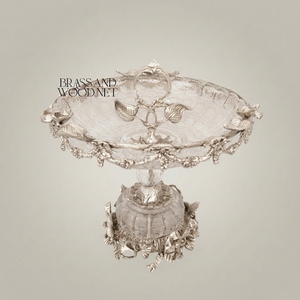 Classical Crystal & Brass Pedestal Candy Dish - Floral Swag & Sphere Base — Silver