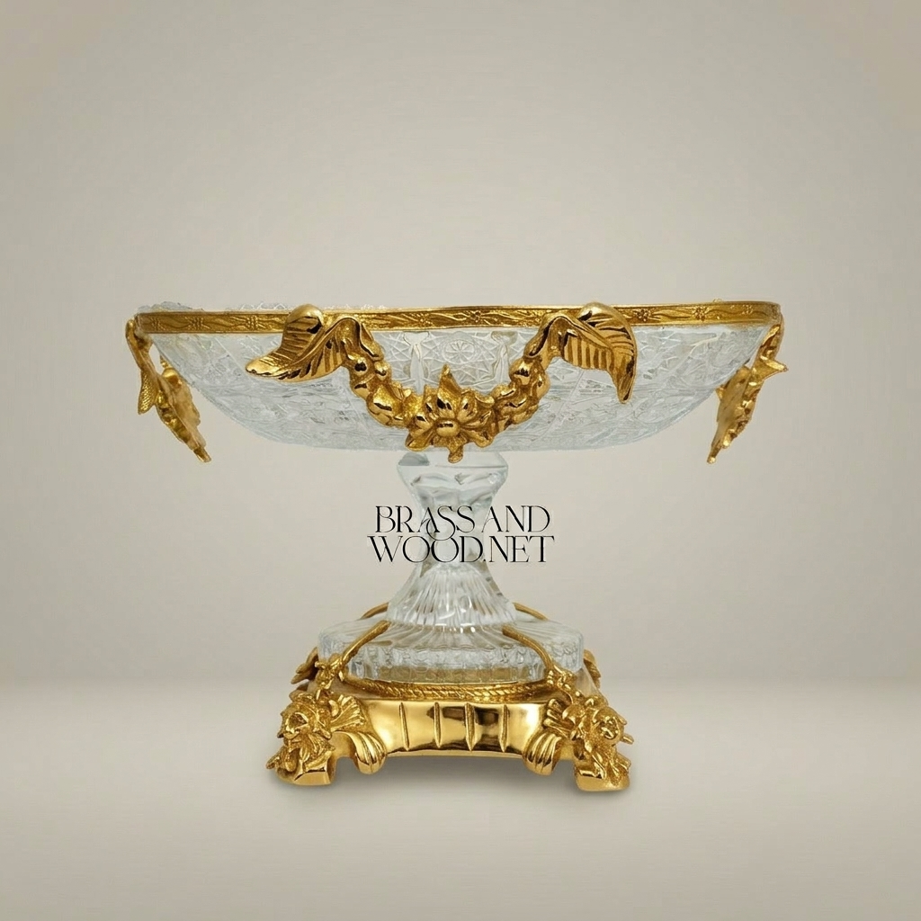 Classical Crystal & Brass Pedestal Candy Dish - Floral Garland Square Bowl