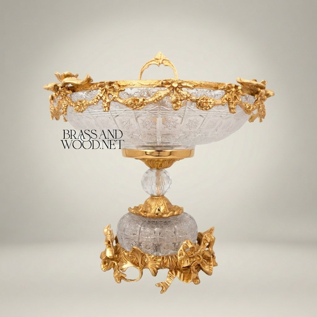 Classical Crystal & Brass Pedestal Candy Dish - Floral Swag & Sphere Base