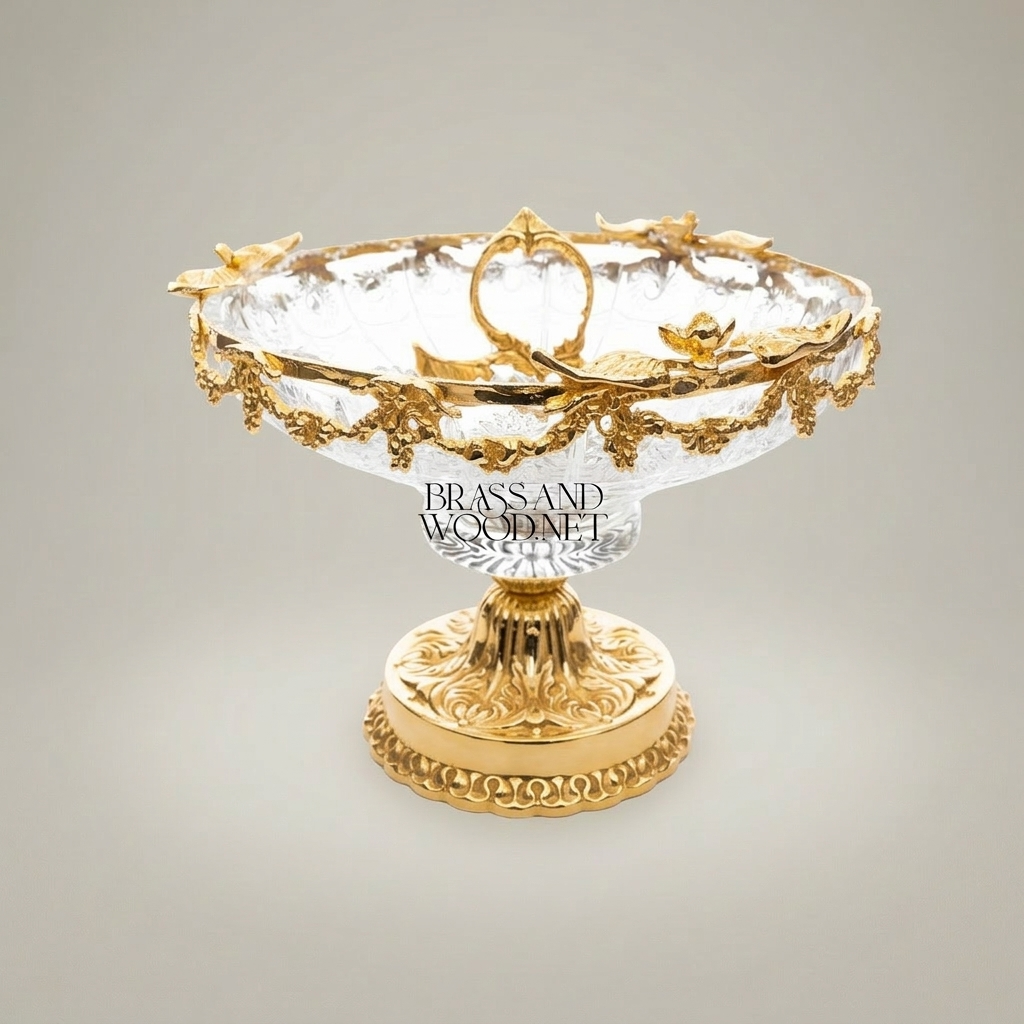 Classical Crystal & Brass Pedestal Candy Dish - Floral Garland Rim