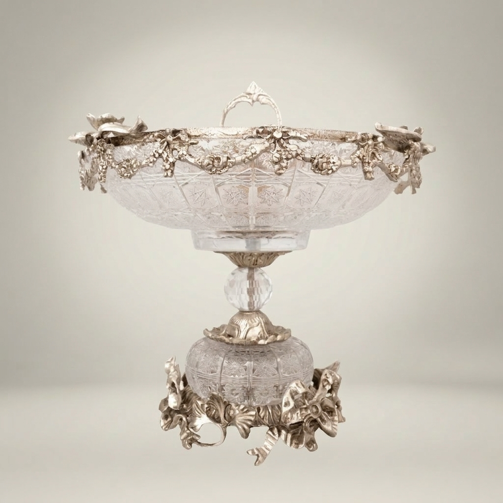 Classical Crystal & Brass Pedestal Candy Dish - Floral Swag & Sphere Base — Silver