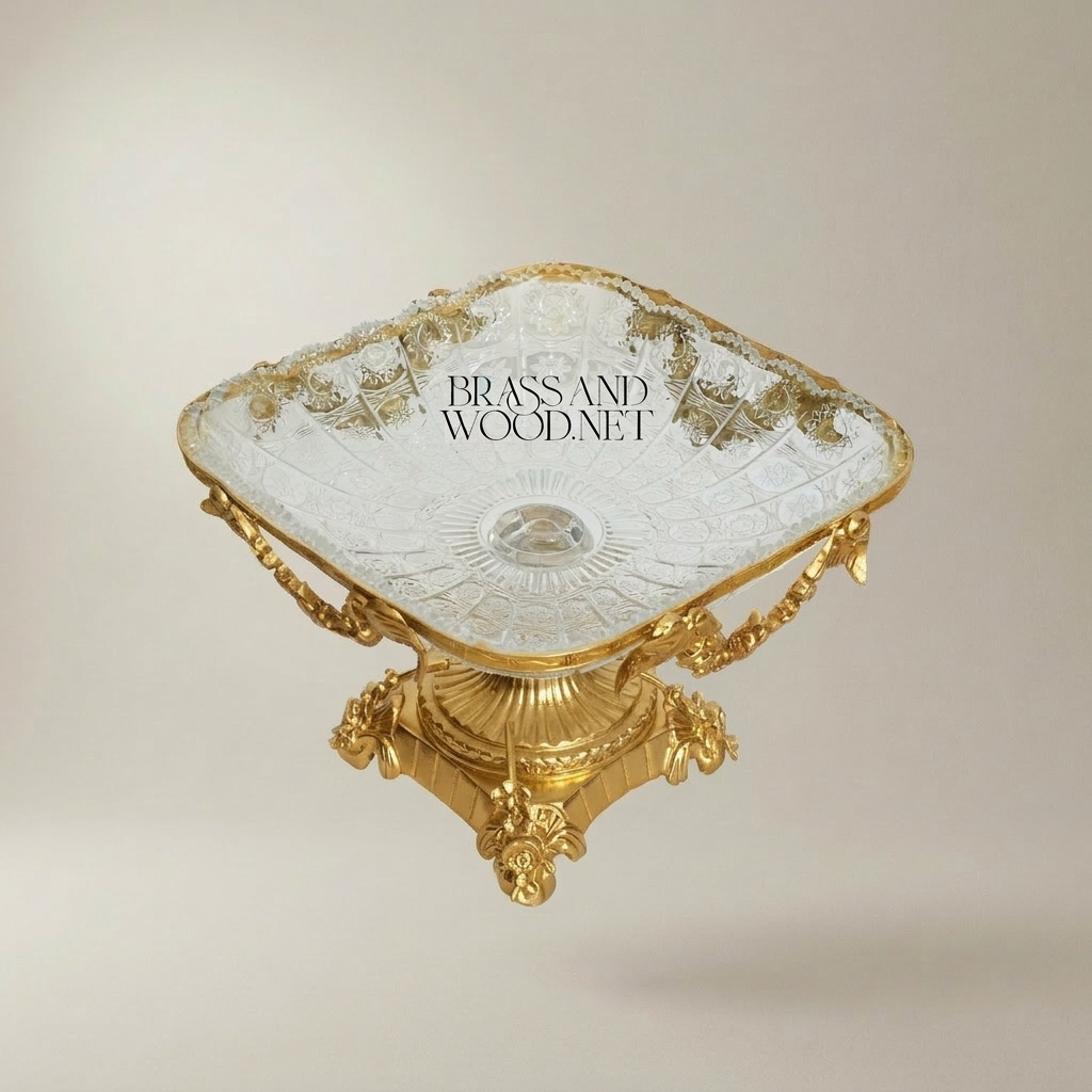 Classical Crystal & Brass Pedestal Candy Dish - Floral Garland Square Bowl